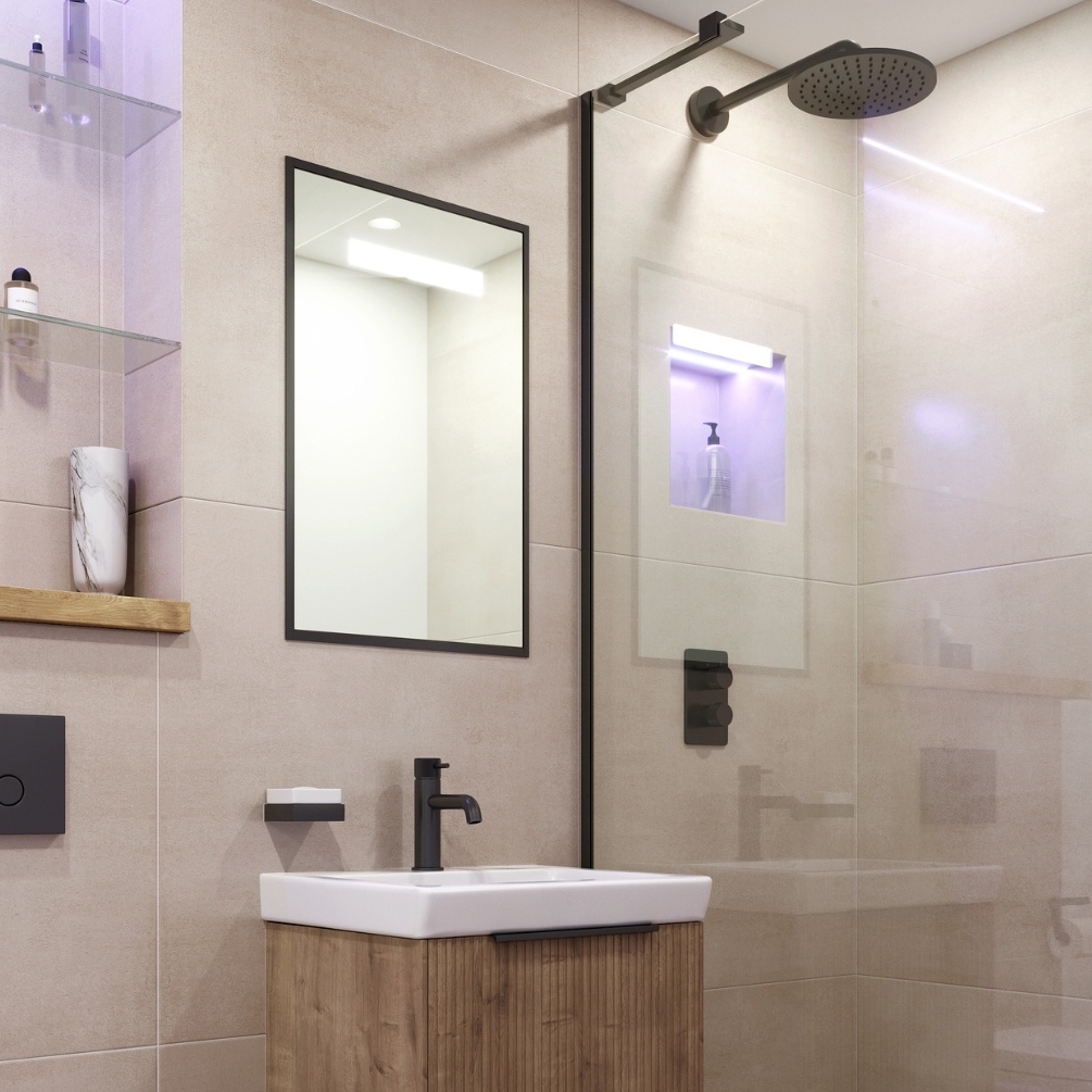 Product Lifestyle image of the Abacus Line Matt Black Framed 800mm x 500mm LED Mirror